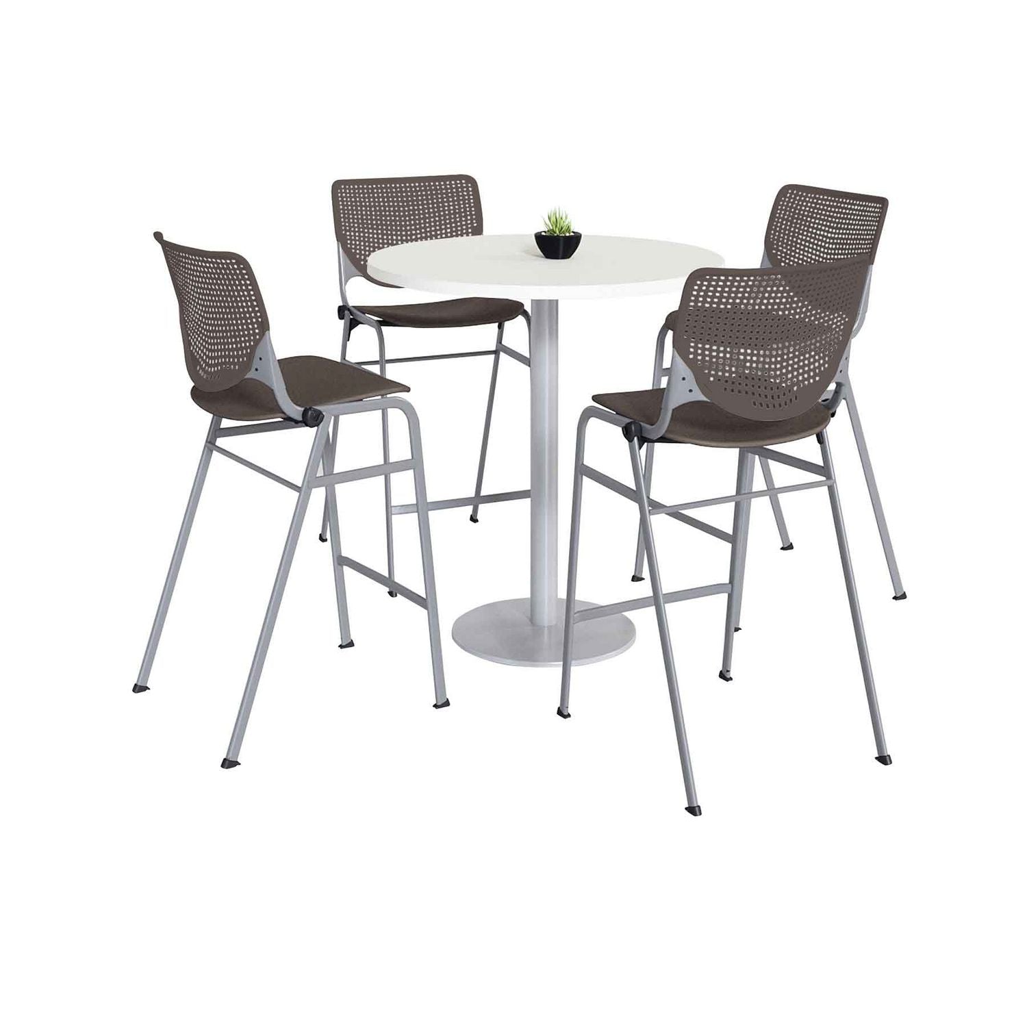 KFI Studios Pedestal Bistro Table with Four Brownstone Kool Series Barstools, Round, 36" Dia x 41h, Designer White