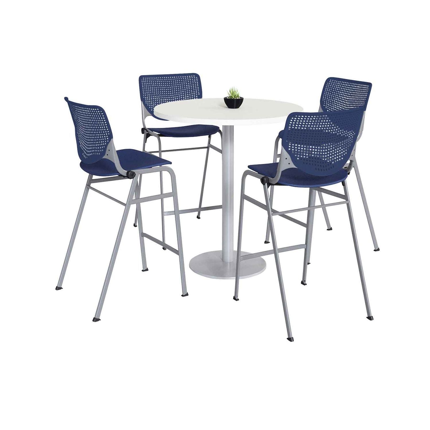 KFI Studios Pedestal Bistro Table with Four Navy Kool Series Barstools, Round, 36" Dia x 41h, Designer White