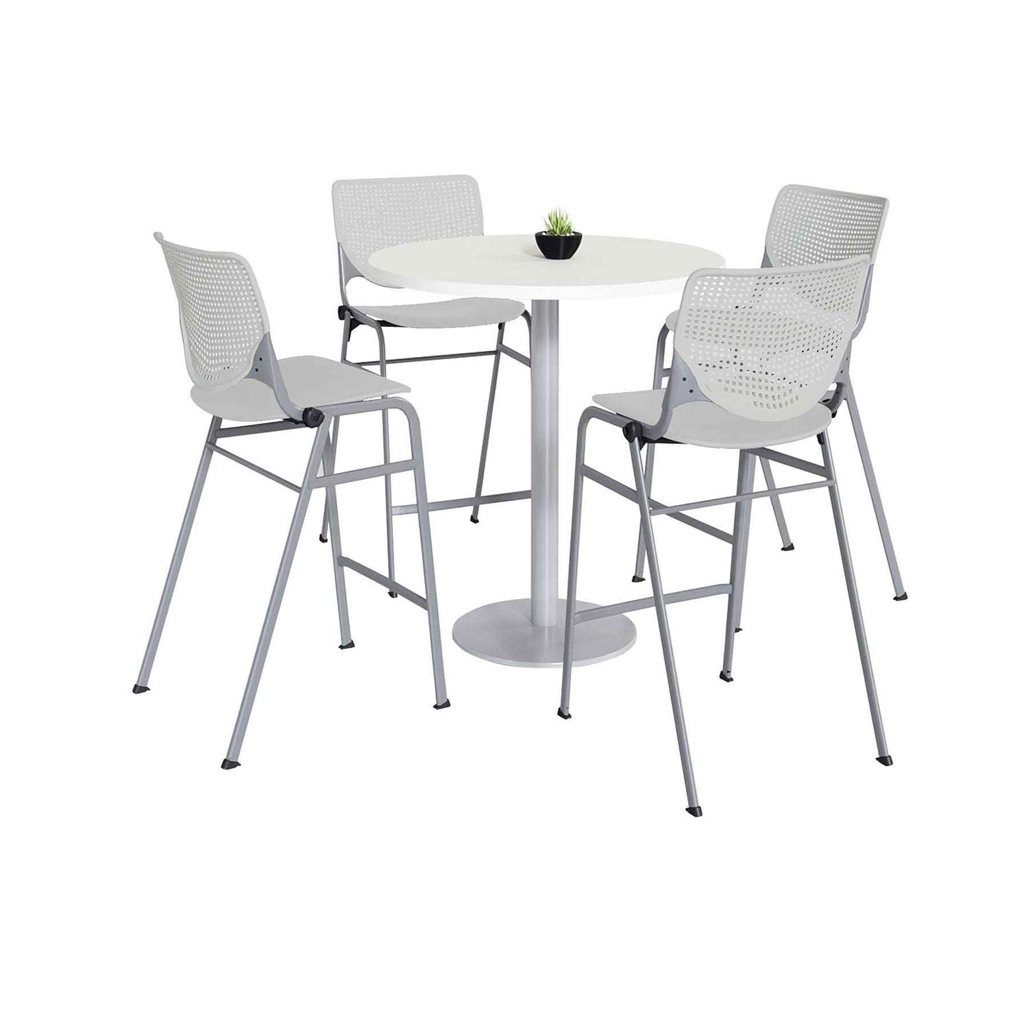 KFI Studios Pedestal Bistro Table with Four Light Gray Kool Series Barstools, Round, 36" Dia x 41h, Designer White