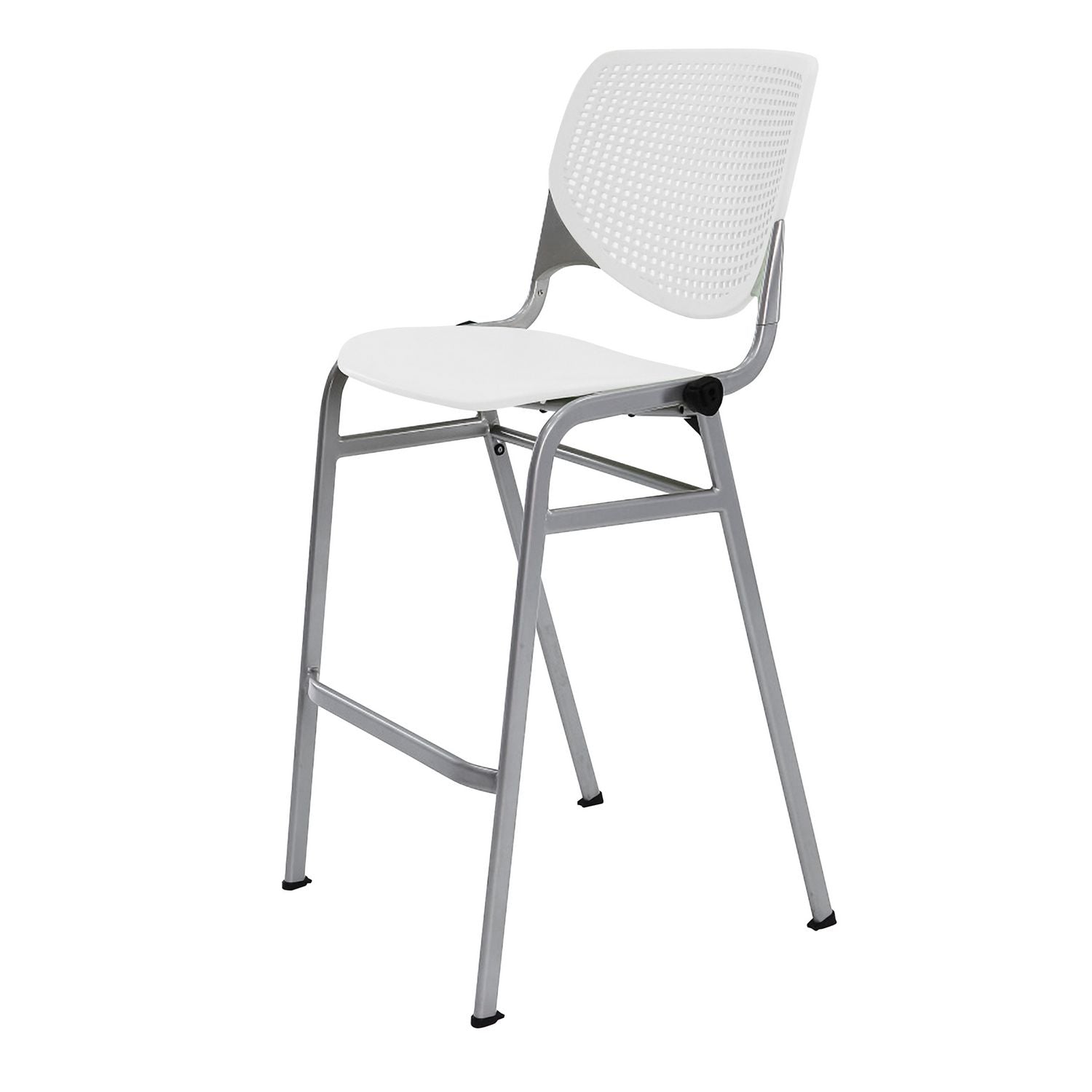 KFI Studios Pedestal Bistro Table with Four White Kool Series Barstools, Round, 36" Dia x 41h, Studio Teak