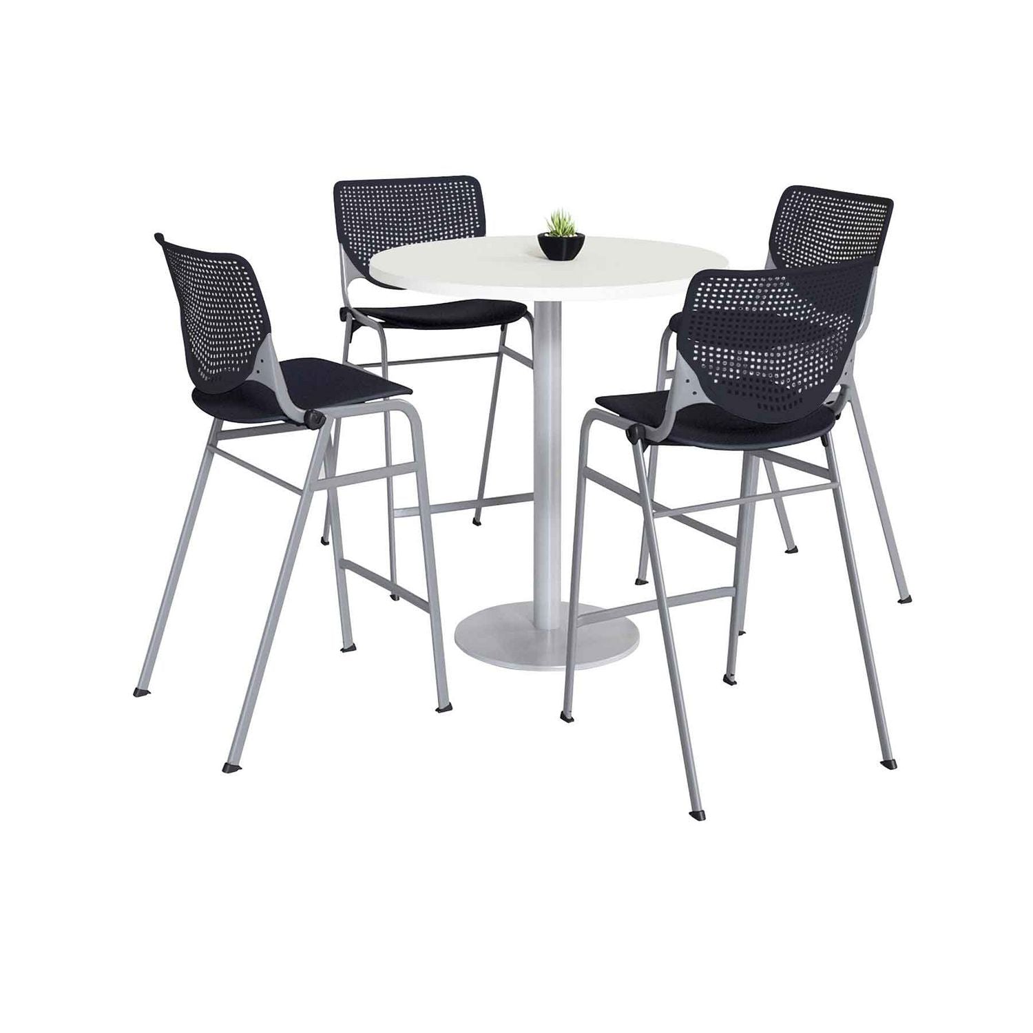 KFI Studios Pedestal Bistro Table with Four Black Kool Series Barstools, Round, 36" Dia x 41h, Designer White