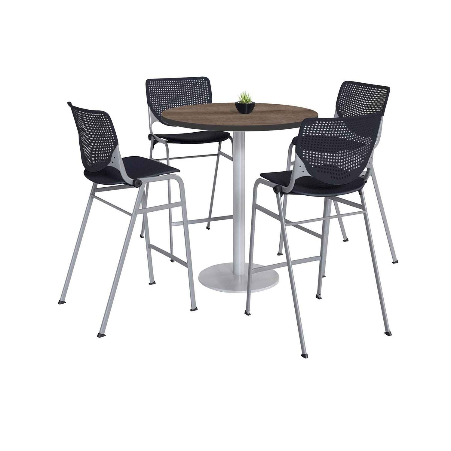 KFI Studios Pedestal Bistro Table with Four Black Kool Series Barstools, Round, 36" Dia x 41h, Studio Teak