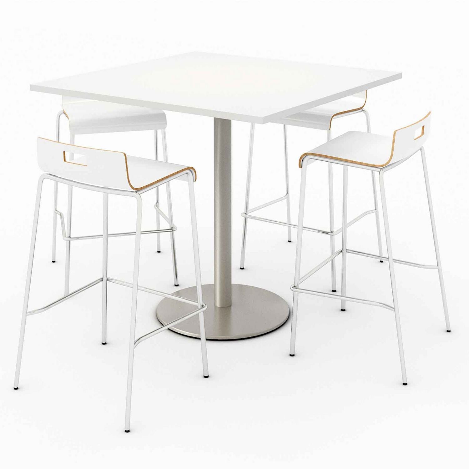 KFI Studios Pedestal Bistro Table with Four White Jive Series Barstools, Square, 36 x 36 x 41, Designer White