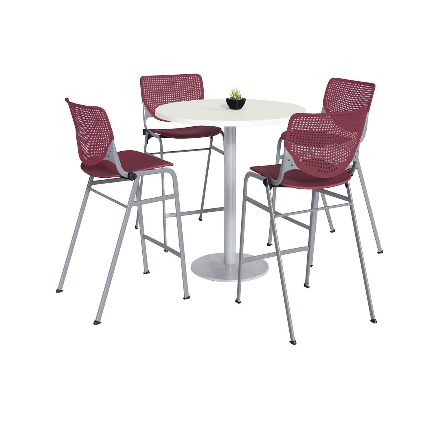 KFI Studios Pedestal Bistro Table with Four Burgundy Kool Series Barstools, Round, 36" Dia x 41h, Designer White