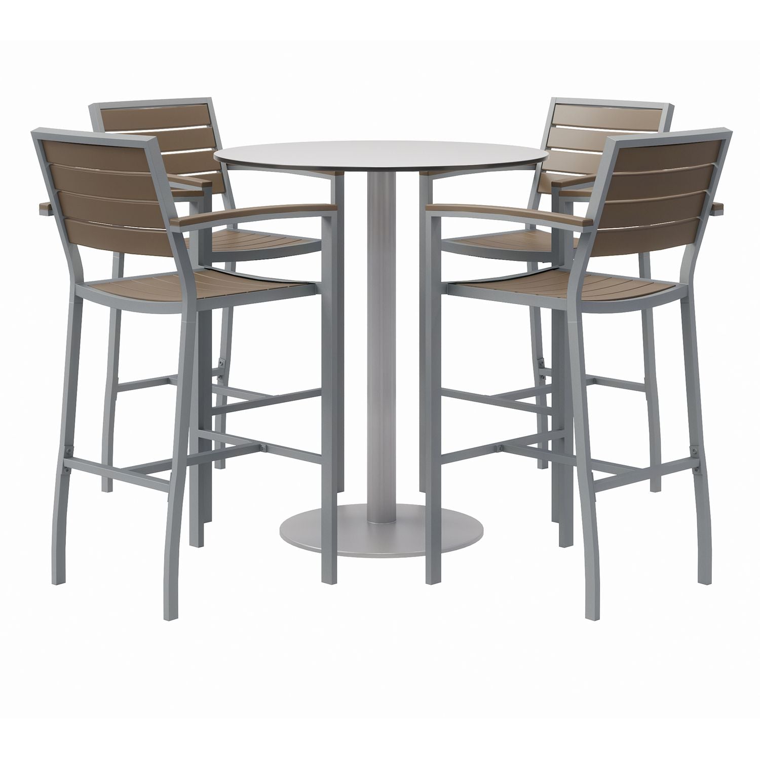 KFI Studios Eveleen Outdoor Bistro Patio Table with Four Mocha Powder-Coated Polymer Barstools, Round, 41"h, Gray