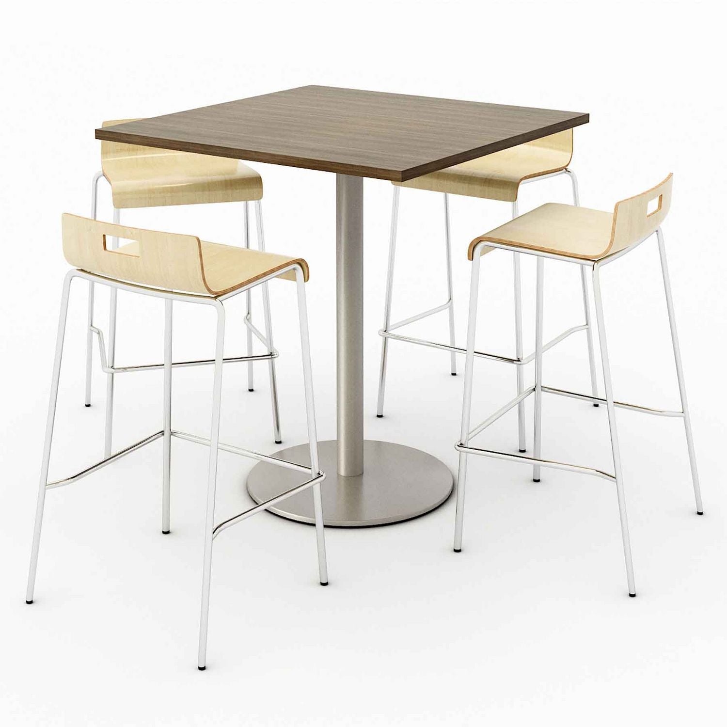 KFI Studios Pedestal Bistro Table with Four Natural Jive Series Barstools, Square, 36 x 36 x 41, Studio Teak