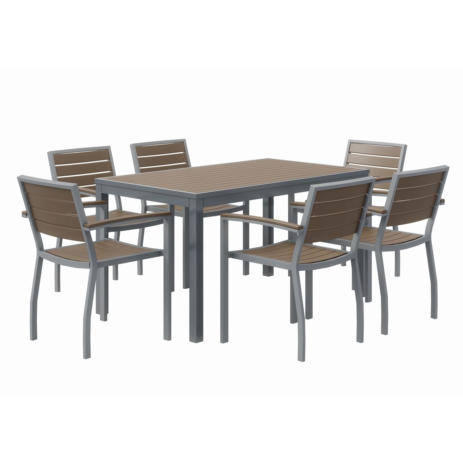KFI Studios Eveleen Outdoor Patio Table with Six Mocha Powder-Coated Polymer Chairs, 32 x 55 x 29, Mocha
