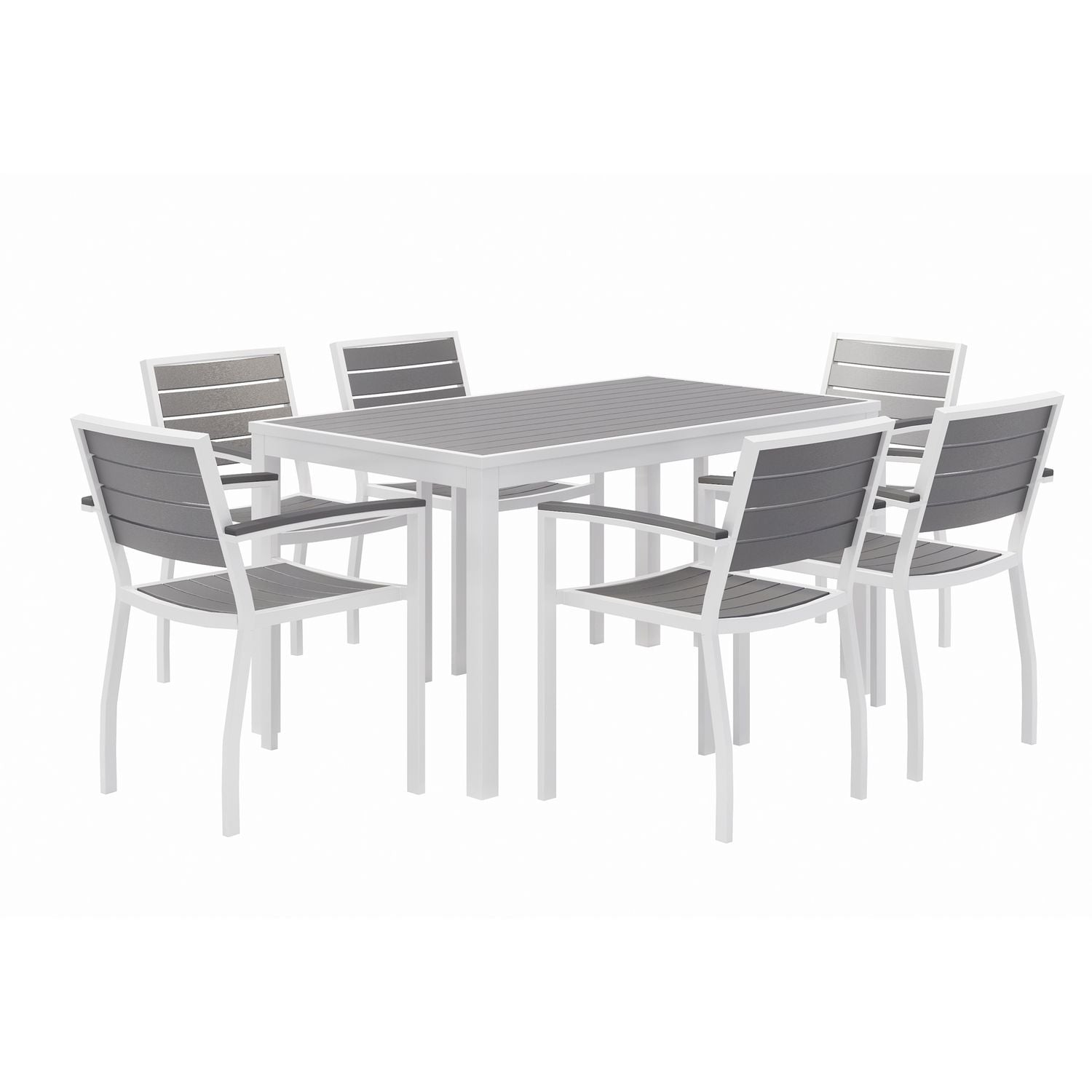 KFI Studios Eveleen Outdoor Patio Table with Six Gray Powder-Coated Polymer Chairs, 32 x 55 x 29, Gray