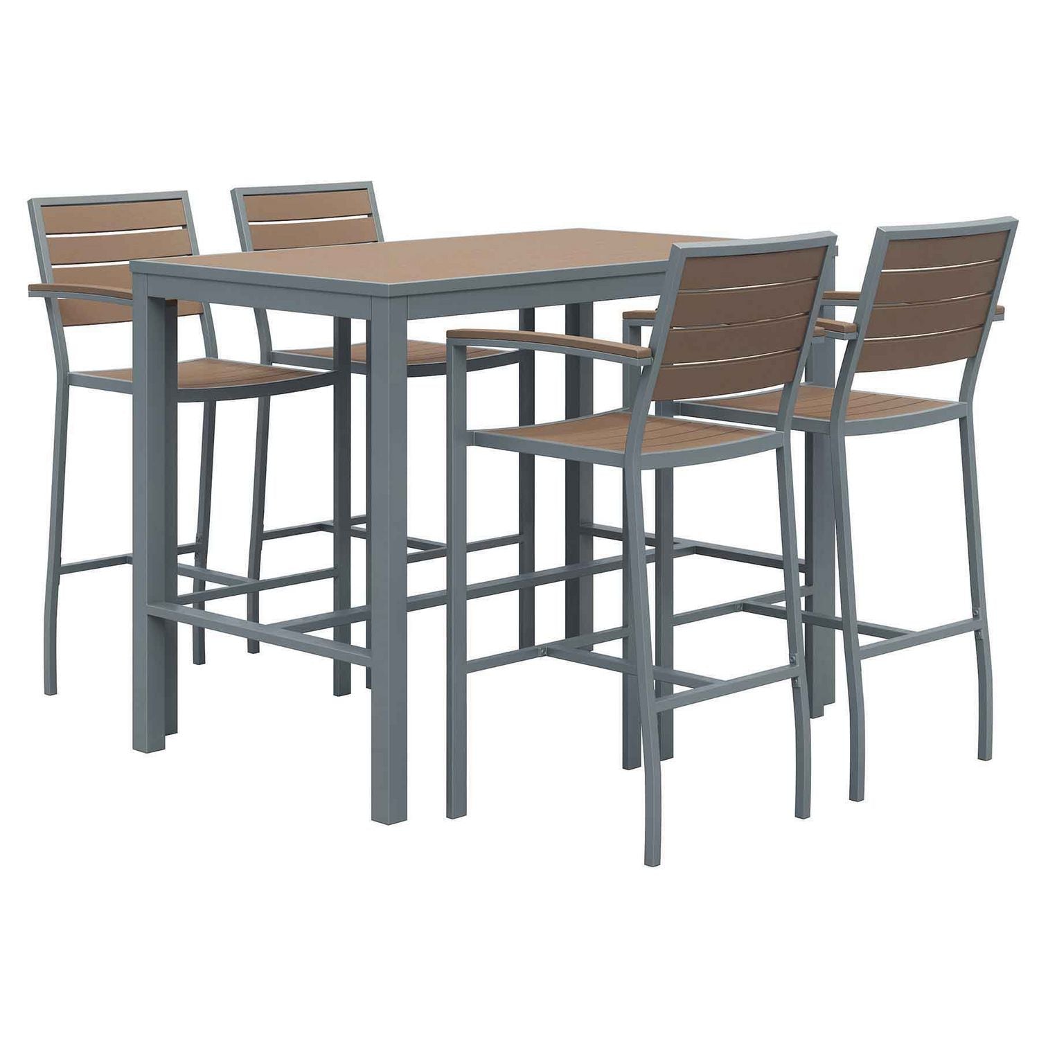 KFI Studios Eveleen Outdoor Bistro Patio Table with Four Mocha Powder-Coated Polymer Barstools, 32 x 55, Mocha