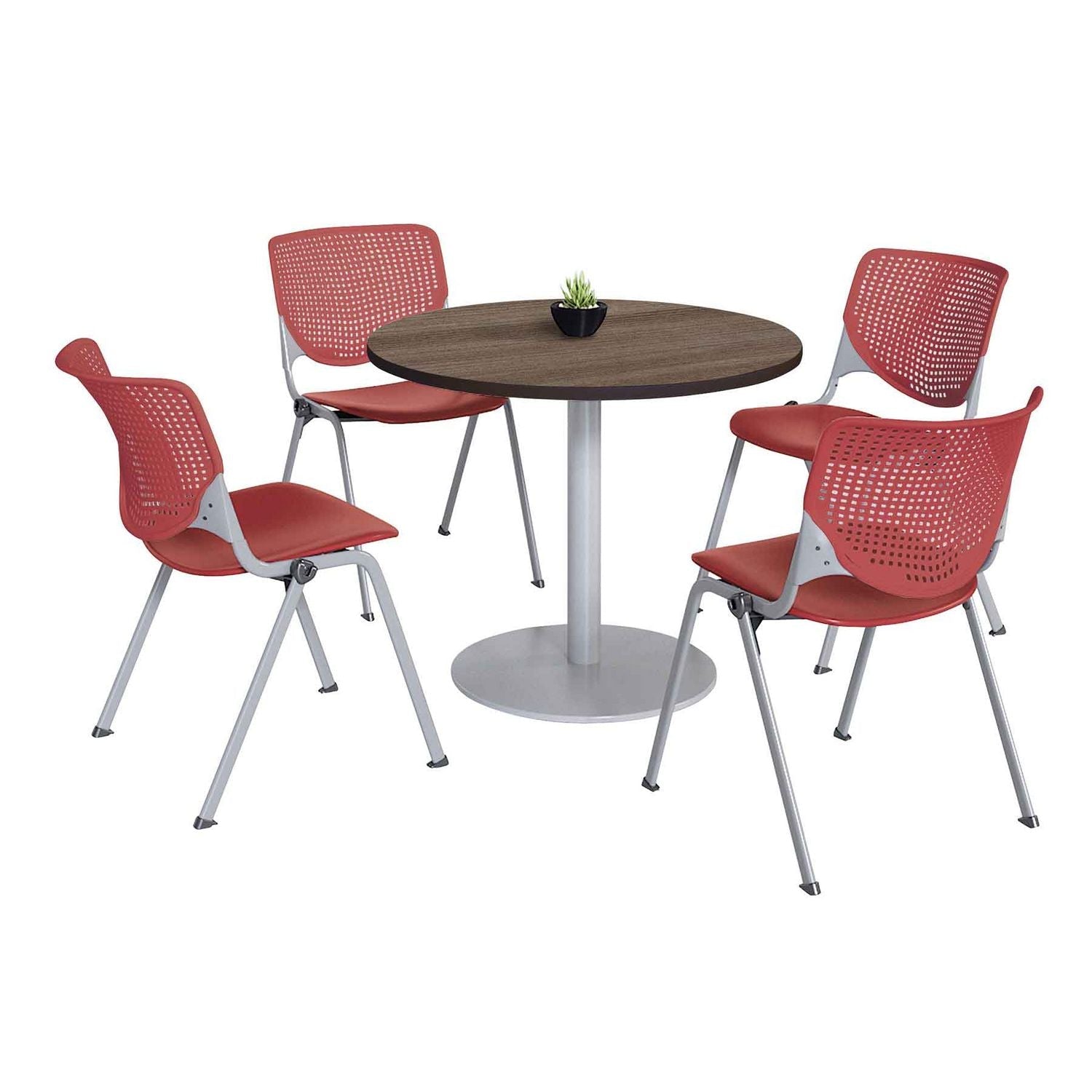 KFI Studios Pedestal Table with Four Coral Kool Series Chairs, Round, 36" Dia x 29h, Studio Teak