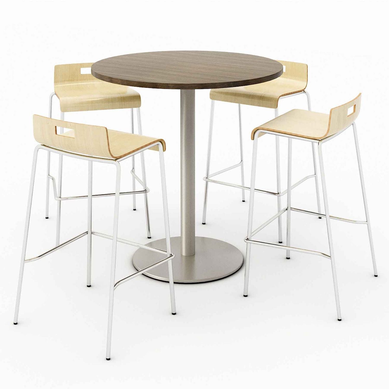 KFI Studios Pedestal Bistro Table with Four Natural Jive Series Barstools, Round, 36" Dia x 41h, Studio Teak