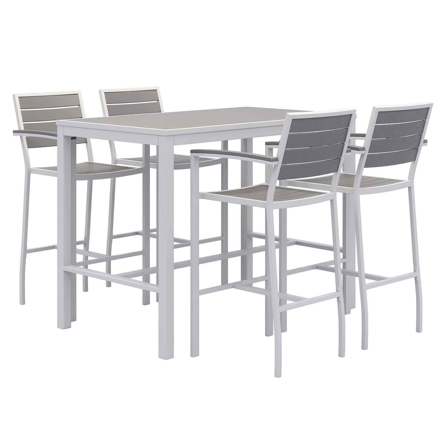 KFI Studios Eveleen Outdoor Bistro Patio Table with Four Gray Powder-Coated Polymer Barstools, 32 x 55, Gray