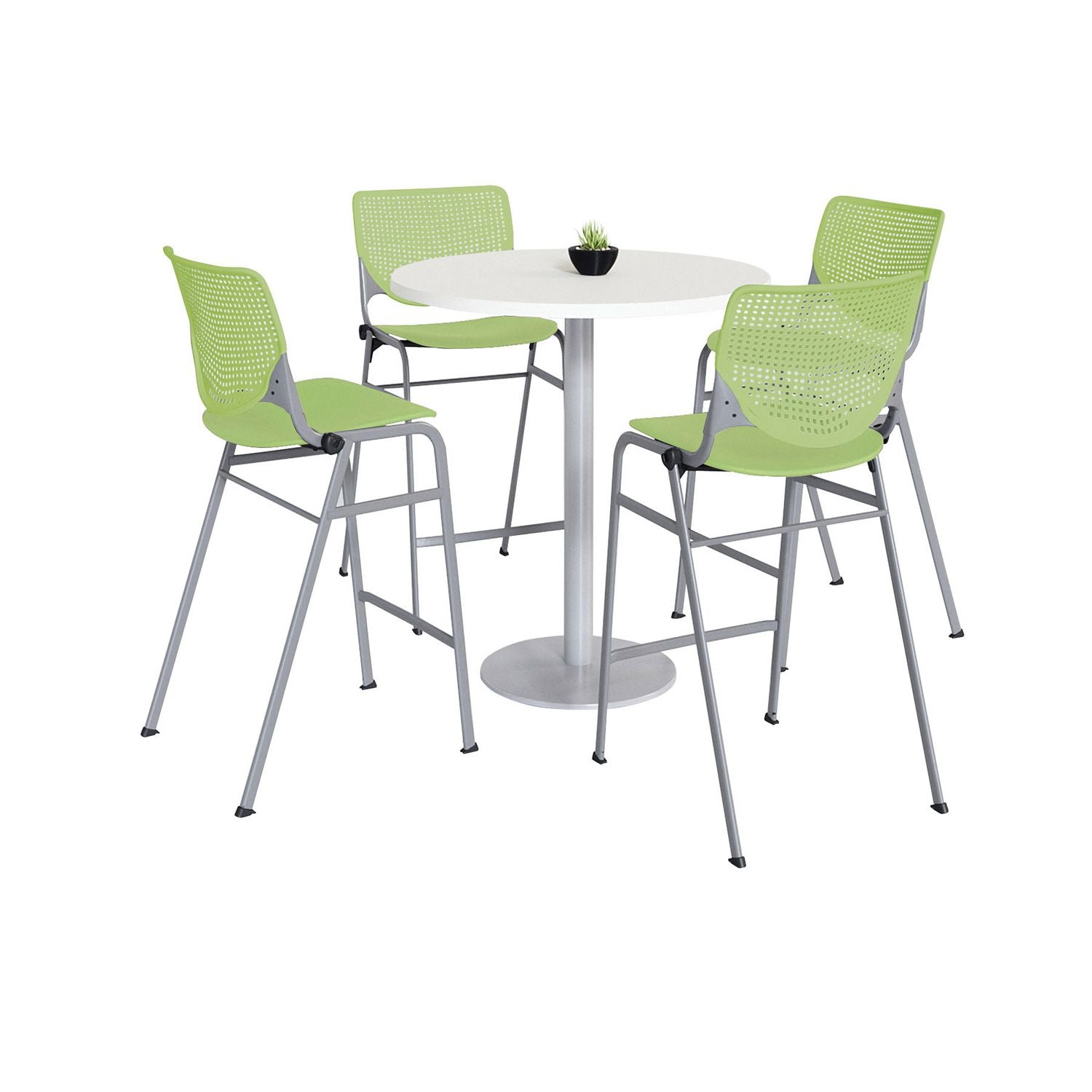KFI Studios Pedestal Bistro Table with Four Lime Green Kool Series Barstools, Round, 36" Dia x 41h, Designer White