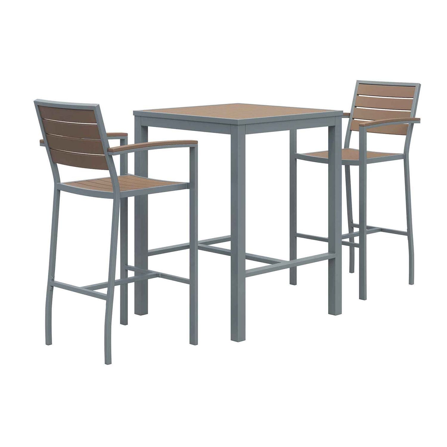 KFI Studios Eveleen Outdoor Bistro Patio Table with Two Mocha Powder-Coated Polymer Barstools, 30" Square, Mocha