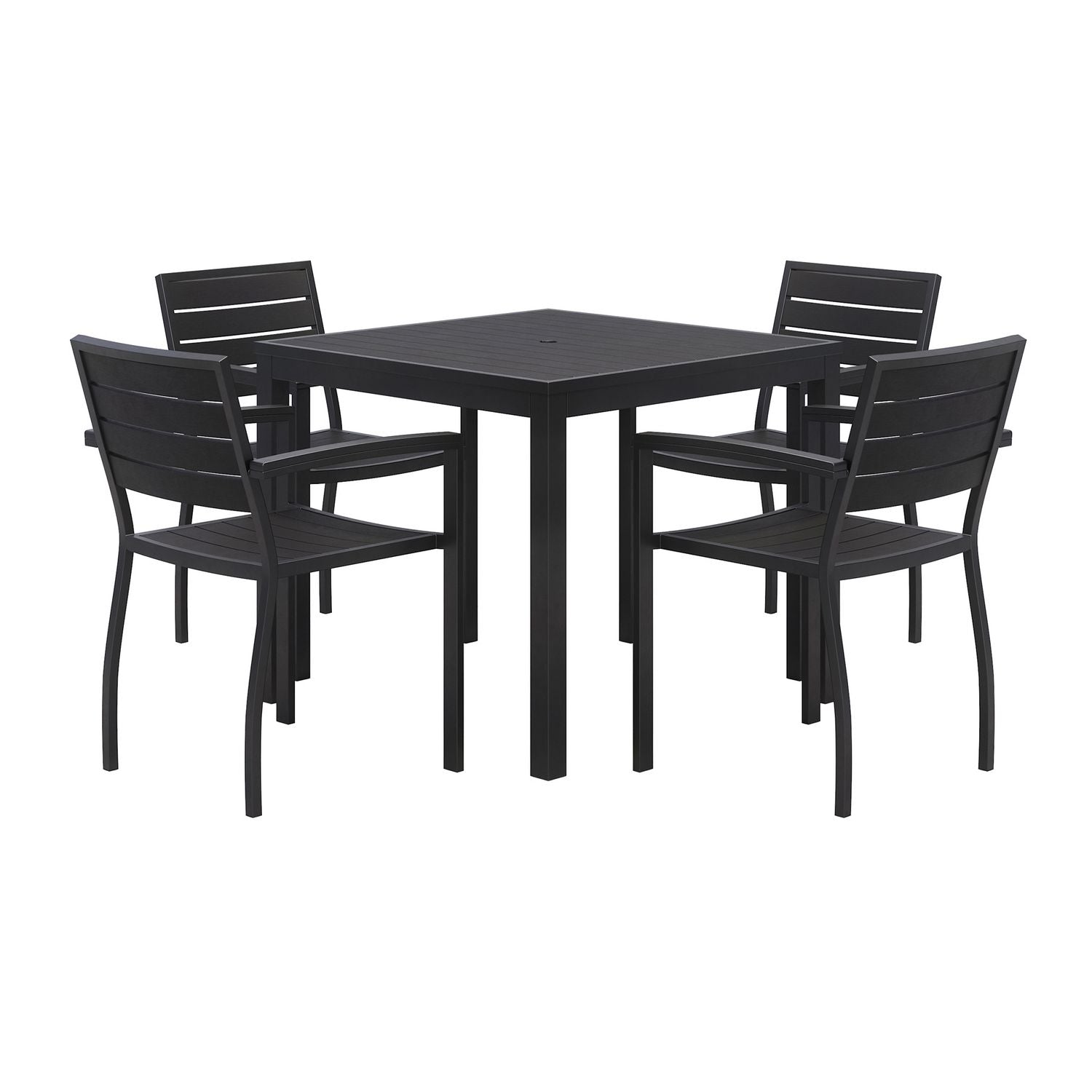 KFI Studios Eveleen Outdoor Patio Table with Four Black Powder-Coated Polymer Chairs, Square, 35", Black
