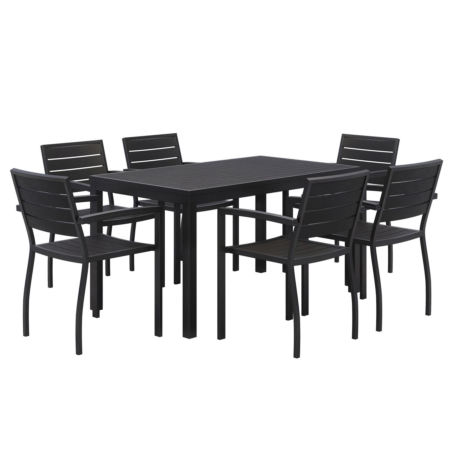 KFI Studios Eveleen Outdoor Patio Table with Six Black Powder-Coated Polymer Chairs, 32 x 55 x 29, Black
