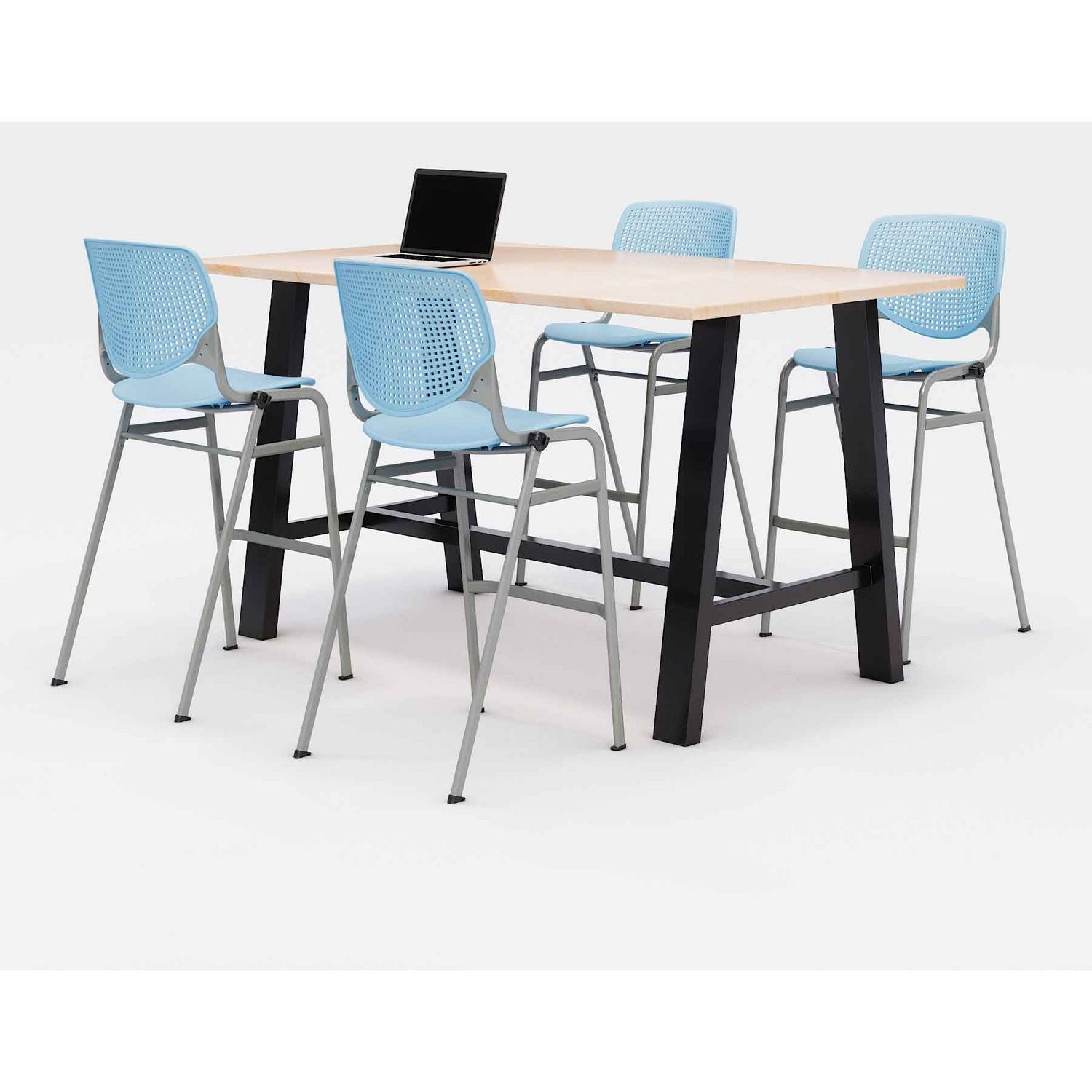 KFI Studios Midtown Bistro Dining Table with Four Sky Blue Kool Barstools, 36 x 72 x 41, Kensington Maple