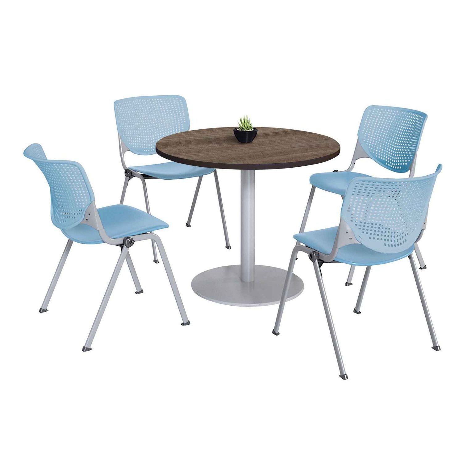 KFI Studios Pedestal Table with Four Sky Blue Kool Series Chairs, Round, 36" Dia x 29h, Studio Teak
