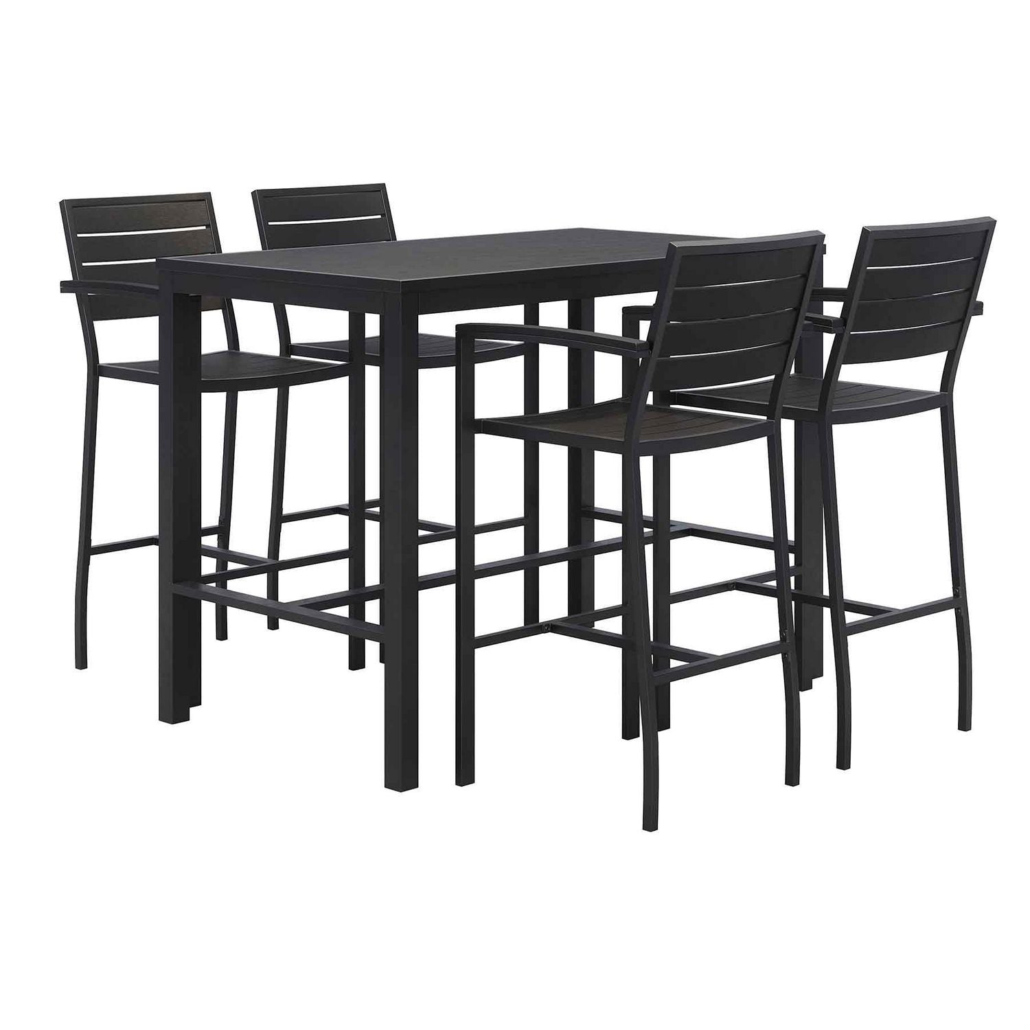 KFI Studios Eveleen Outdoor Bistro Patio Table with Four Black Powder-Coated Polymer Barstools, 32 x 55, Black