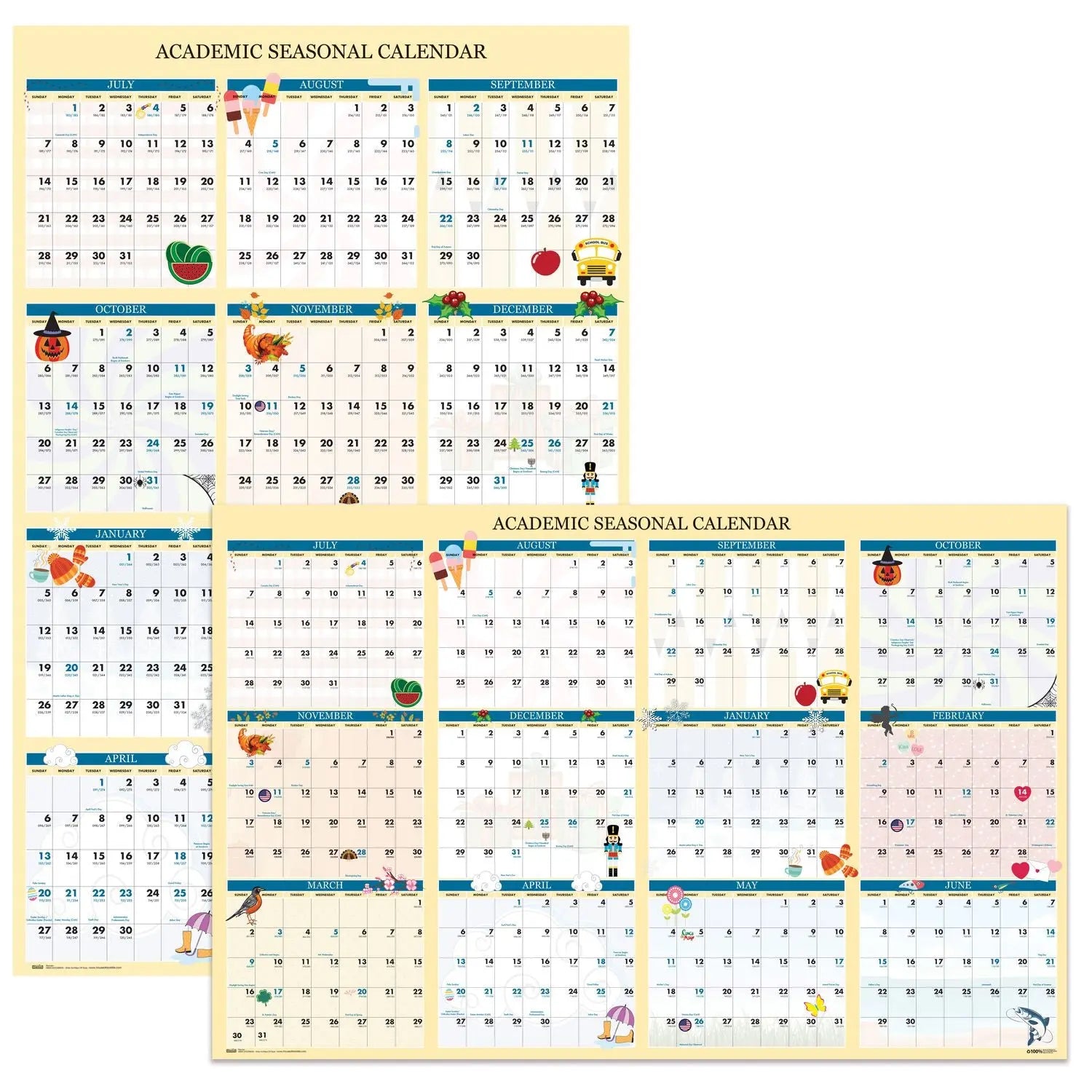 House of Doolittle™ Recycled Academic Seasonal Laminated Wall Calendar, Illustrated Seasons, 24 x 37, 12-Month (July to June), 2024 to 2025