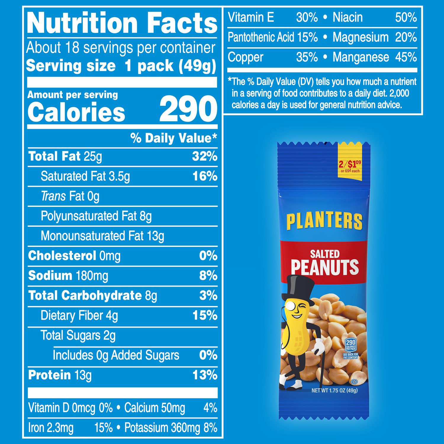 Planters® Salted Peanuts, 1.75 oz Pack, 18 Packets/Box, 2 Boxes/Carton - Bloom Skins
