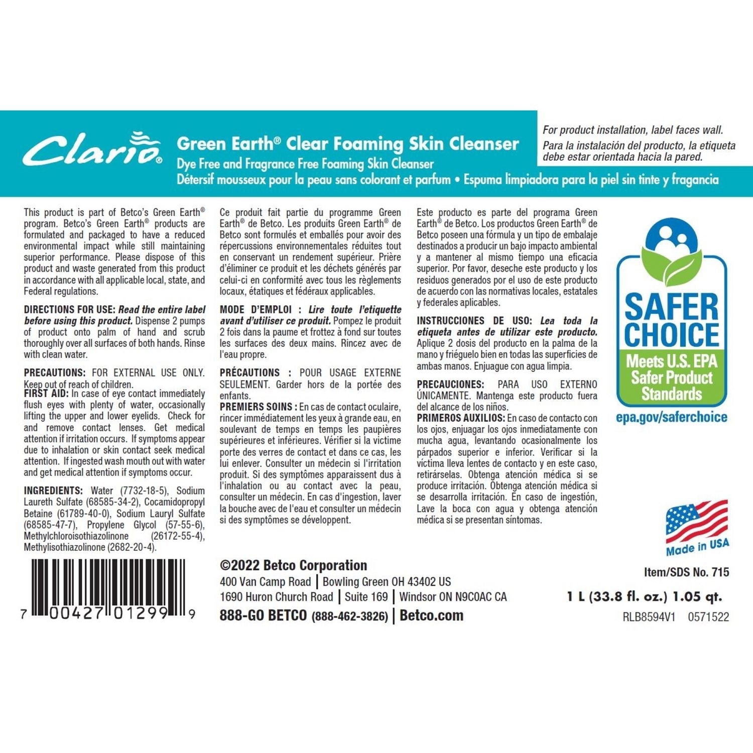 Betco® Green Earth Clear Foaming Skin Cleanser Refill, Fragrance-Free, 1,000 mL, 6/Carton
