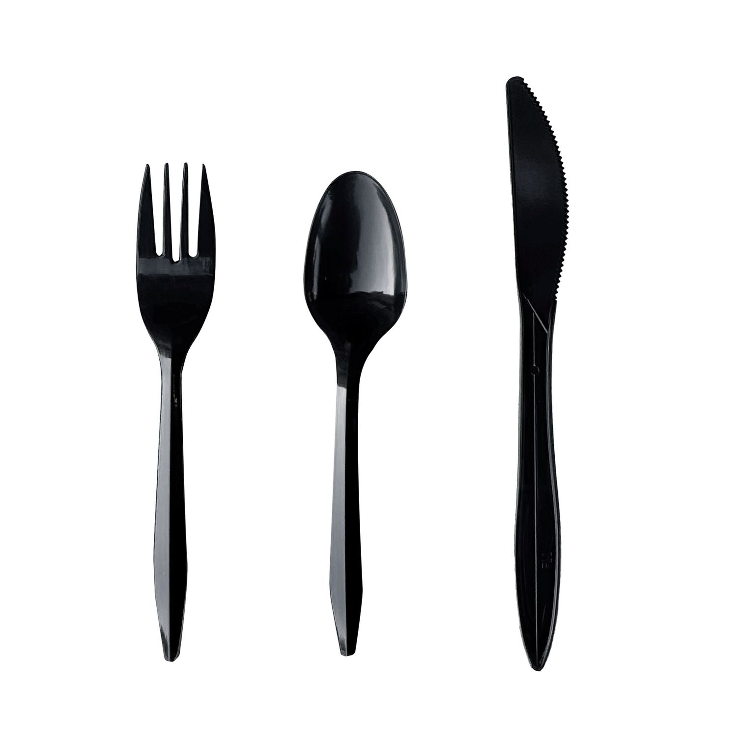 Boardwalk® Three-Piece Polypropylene Cutlery Kit, Mediumweight, Fork/Knife/Spoon, Plastic, Black, 250/Carton