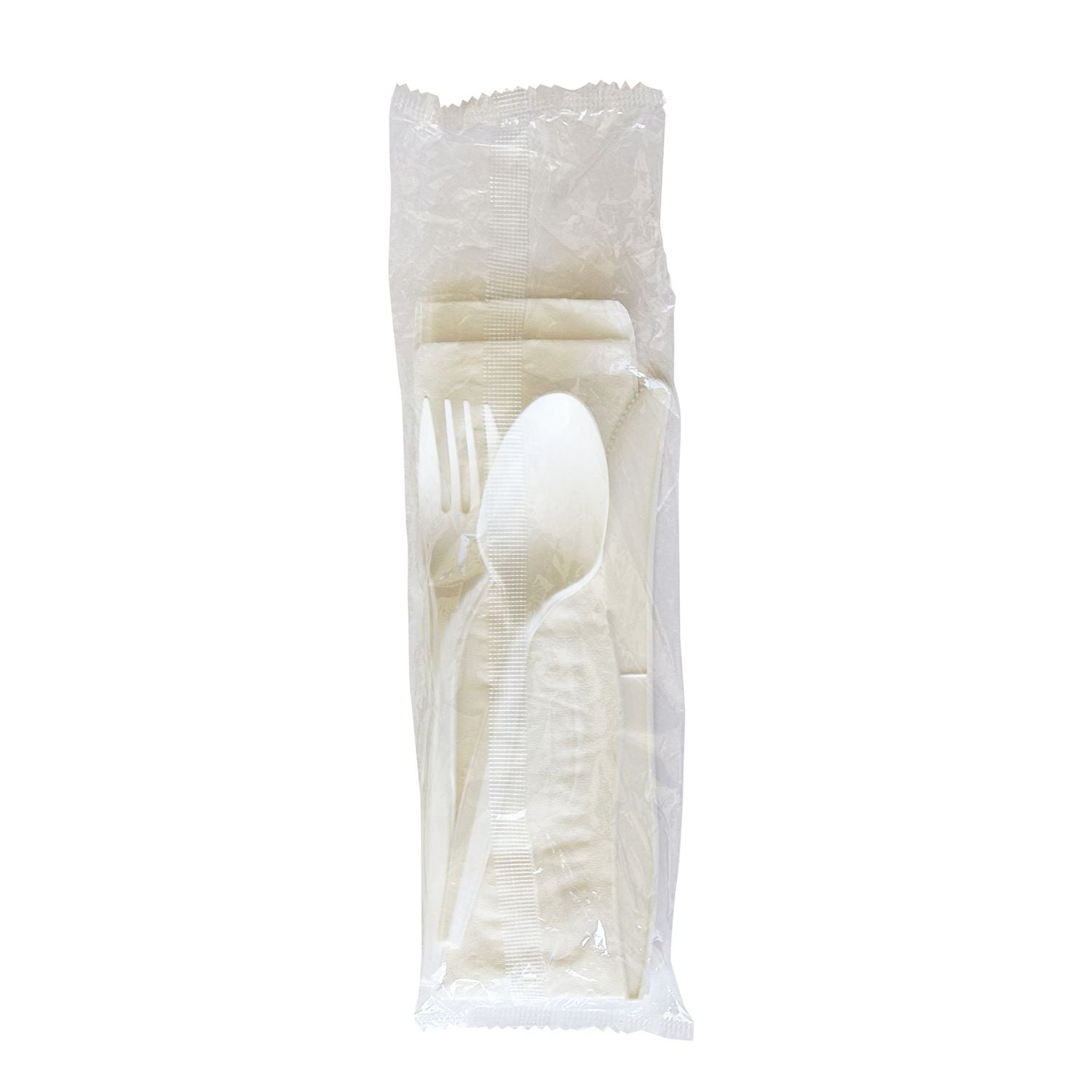 Boardwalk® Four-Piece Polypropylene Cutlery Kit, Mediumweight, Fork/Knife/Napkin/Spoon, Plastic, White, 250/Carton