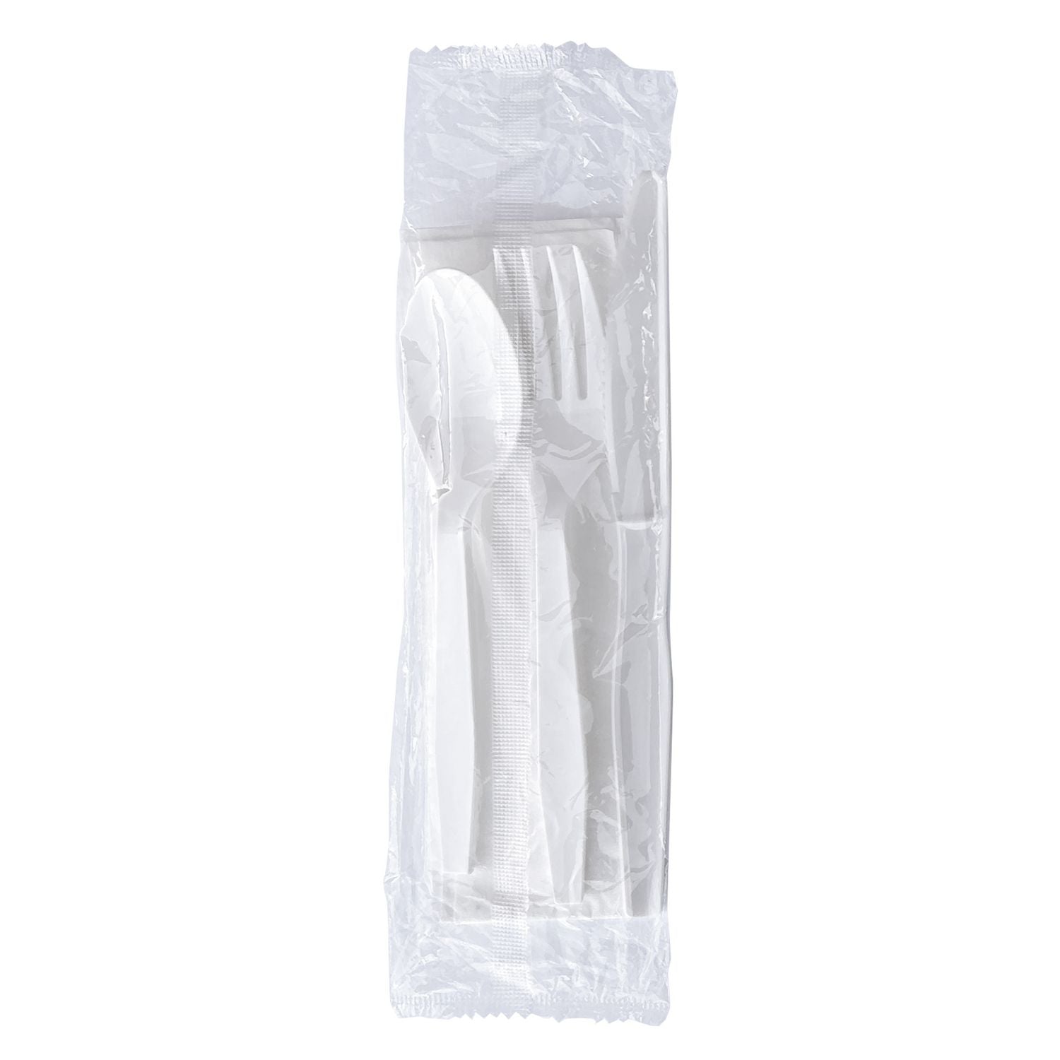 Boardwalk® Four-Piece Polystyrene Cutlery Kit, Mediumweight, Fork/Knife/Napkin/Spoon, Plastic, White, 250/Carton