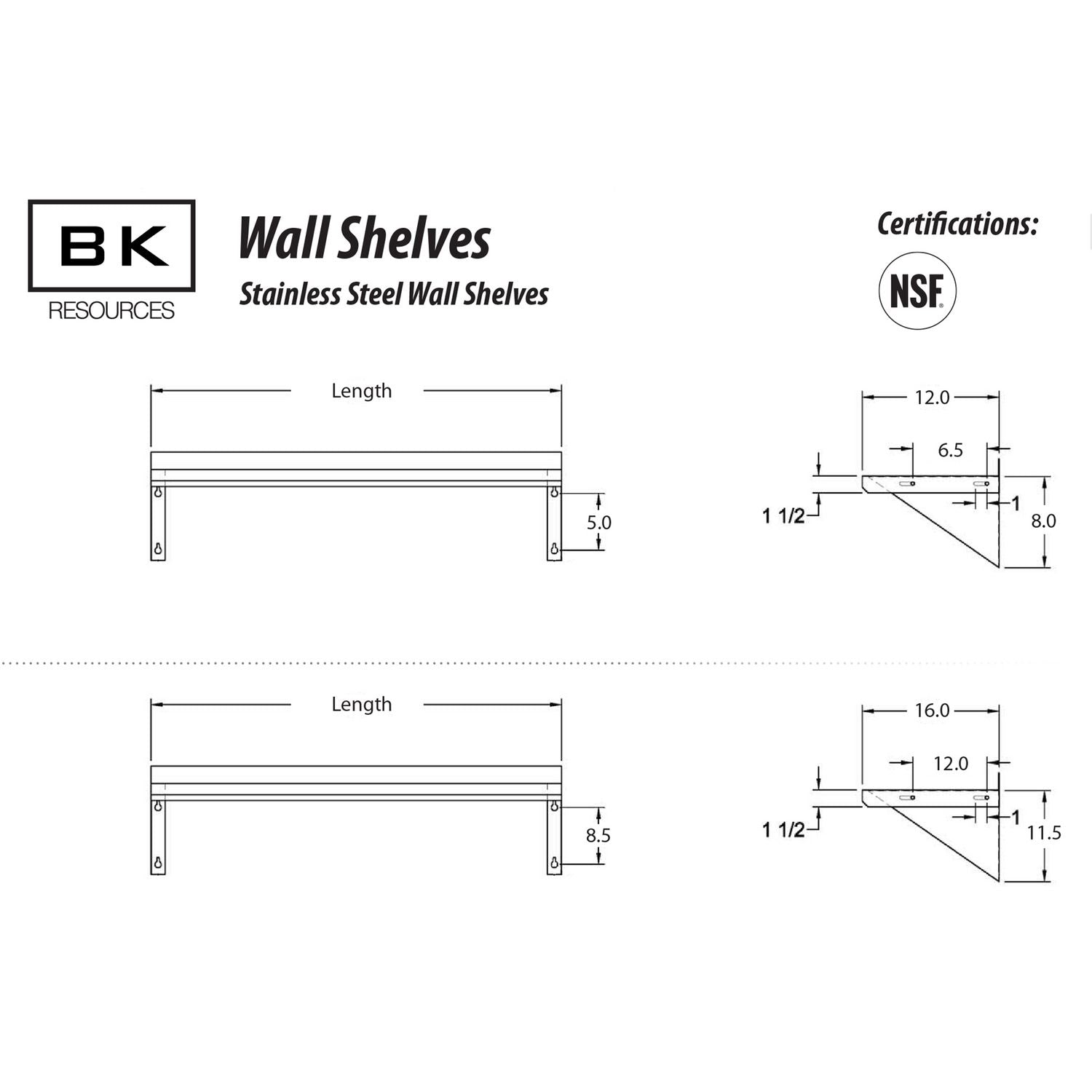 BK Resources Stainless Steel Economy Overshelf, 36w x 12d x 8h, Stainless Steel, Silver, 2/Pallet