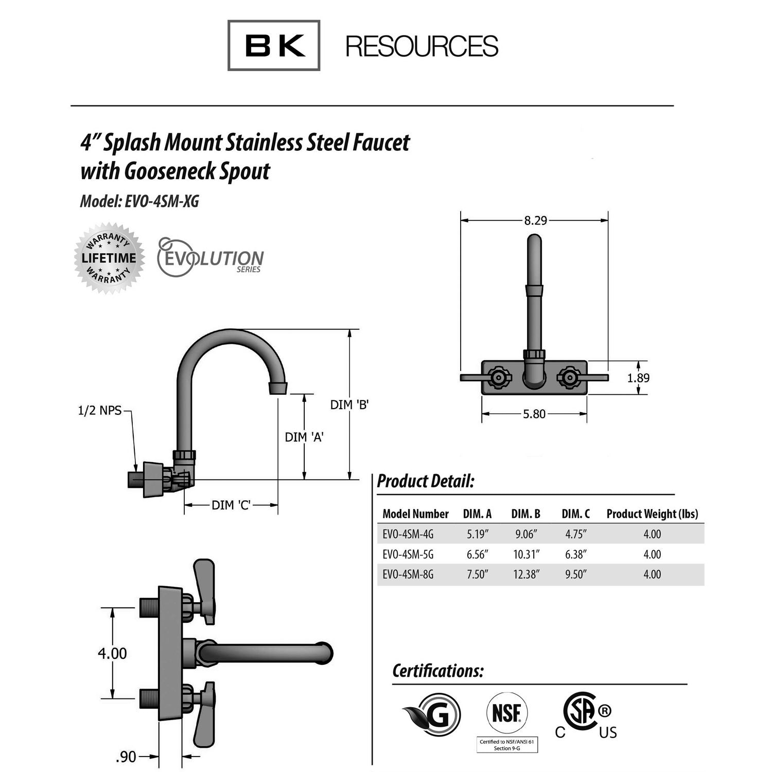 BK Resources Evolution Splash Mount Stainless Steel Faucet, 9.06" Height/4.5" Reach, Stainless Steel