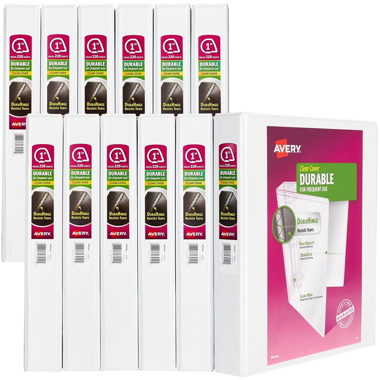 Avery® Durable View Binder with DuraHinge and Slant Rings, 3 Rings, 1" Capacity, 11 x 8.5, White, 12/Carton