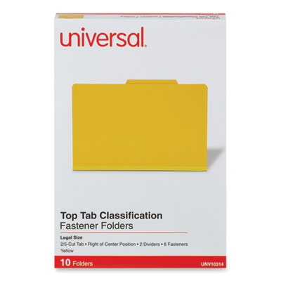 Universal® Bright Colored Pressboard Classification Folders, 2" Expansion, 2 Dividers, 6 Fasteners, Legal Size, Yellow Exterior, 10/Box