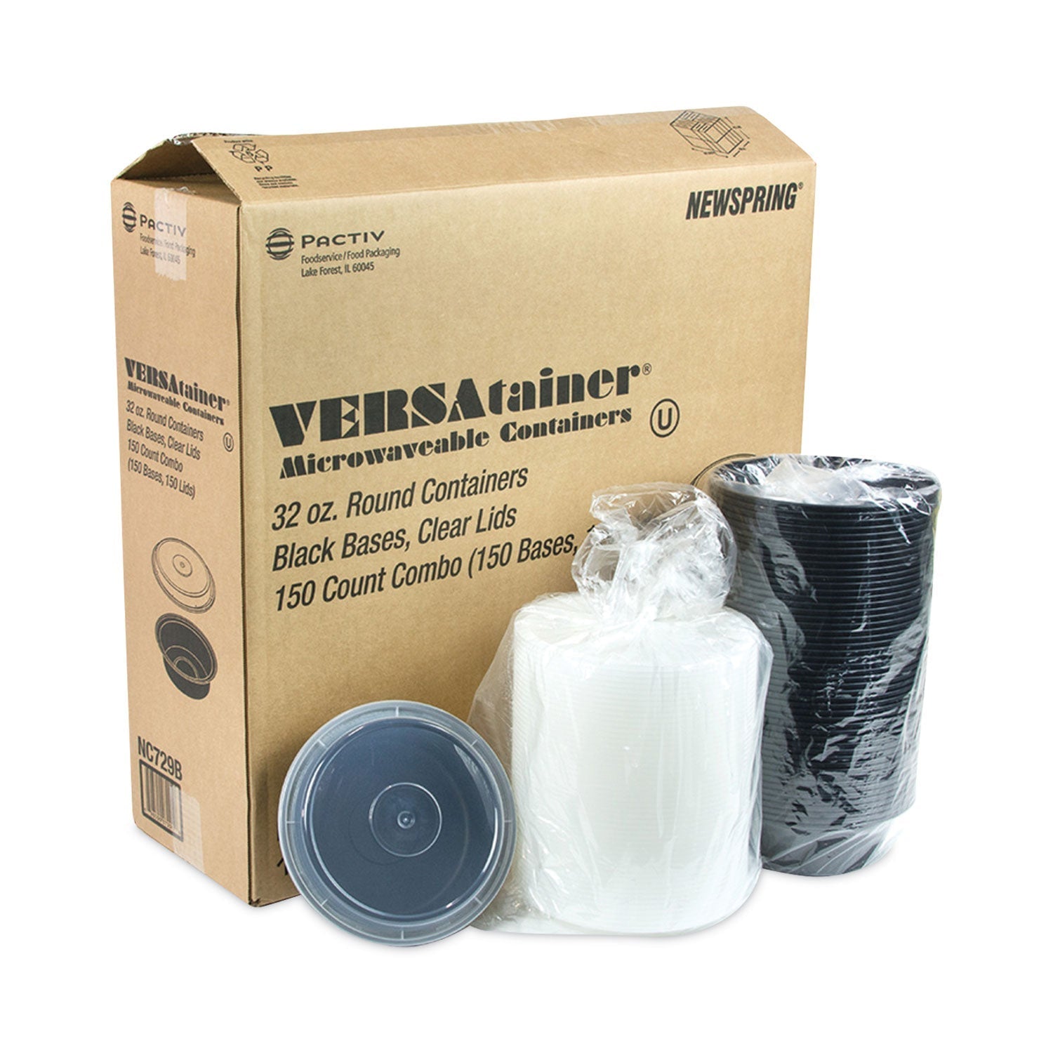 Pactiv Evergreen Newspring VERSAtainer Microwavable Containers, 32 oz, 7" Diameter x 2" h, Black/Clear, Plastic, 150/Carton