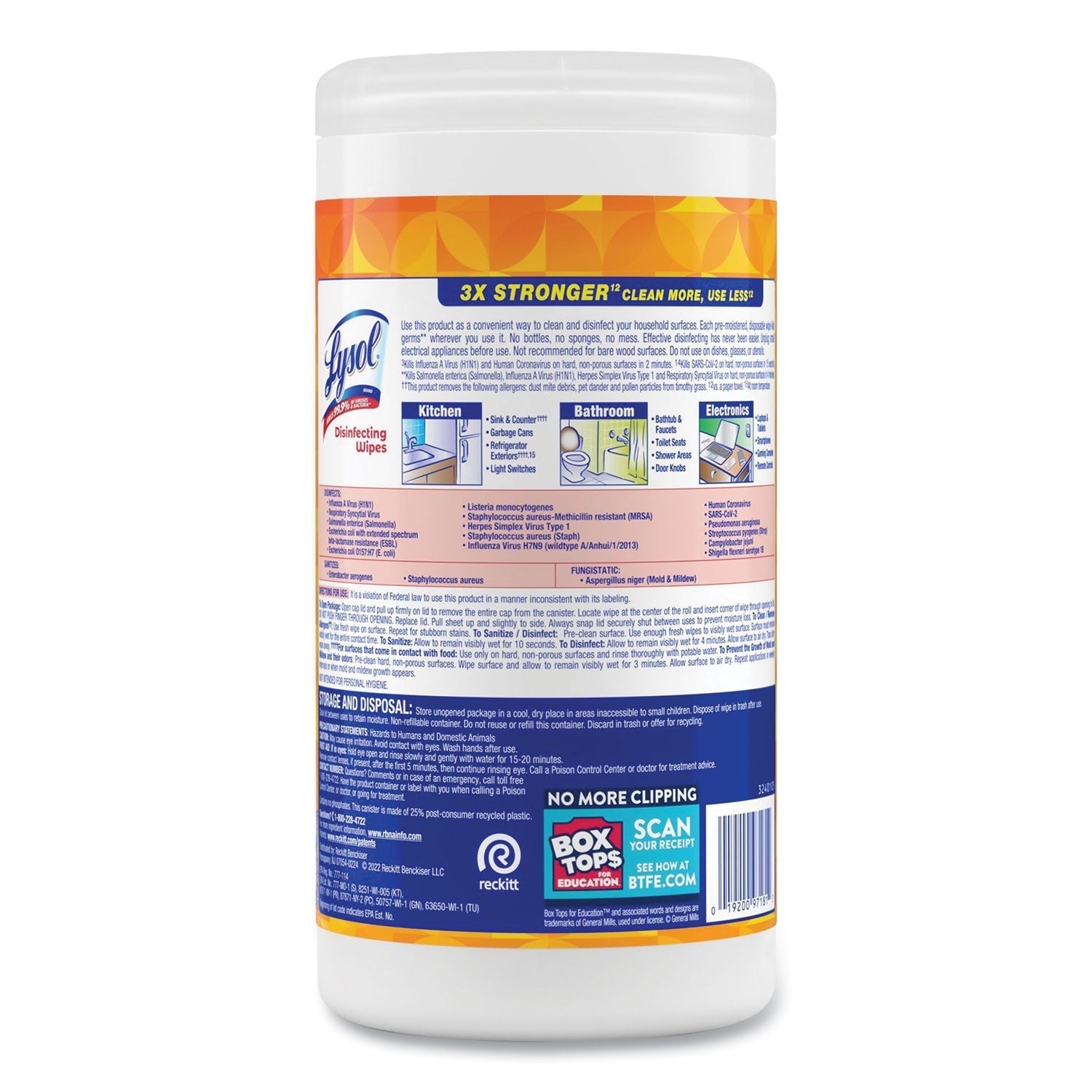 LYSOL® Brand Disinfecting Wipes, 1-Ply, 7 x 7.25, Mango and Hibiscus, White, 80 Wipes/Canister, 6 Canisters/Carton