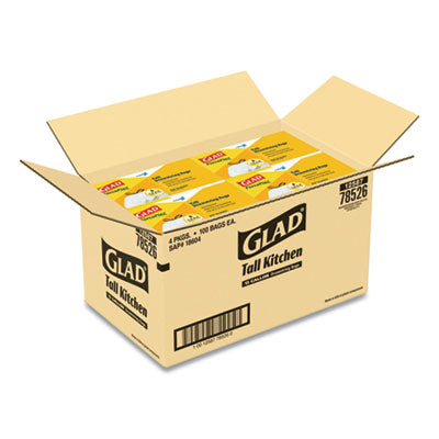 Glad® CloroxPro ForceFlex Tall Kitchen Drawstring Trash Bags, 13 gal, 24 x 27.38, Gray, 100 Bags/Box, 4 Boxes/Carton