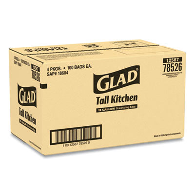 Glad® CloroxPro ForceFlex Tall Kitchen Drawstring Trash Bags, 13 gal, 24 x 27.38, Gray, 100 Bags/Box, 4 Boxes/Carton