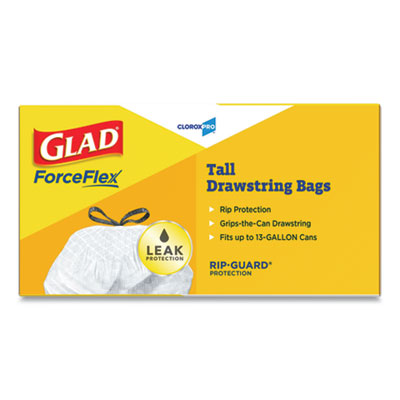Glad® CloroxPro ForceFlex Tall Kitchen Drawstring Trash Bags, 13 gal, 24 x 27.38, Gray, 100 Bags/Box, 4 Boxes/Carton