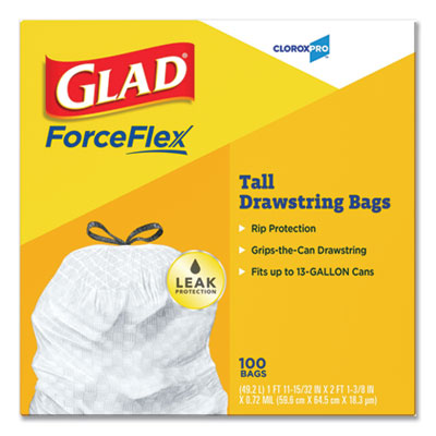 Glad® CloroxPro ForceFlex Tall Kitchen Drawstring Trash Bags, 13 gal, 24 x 27.38, Gray, 100 Bags/Box, 4 Boxes/Carton