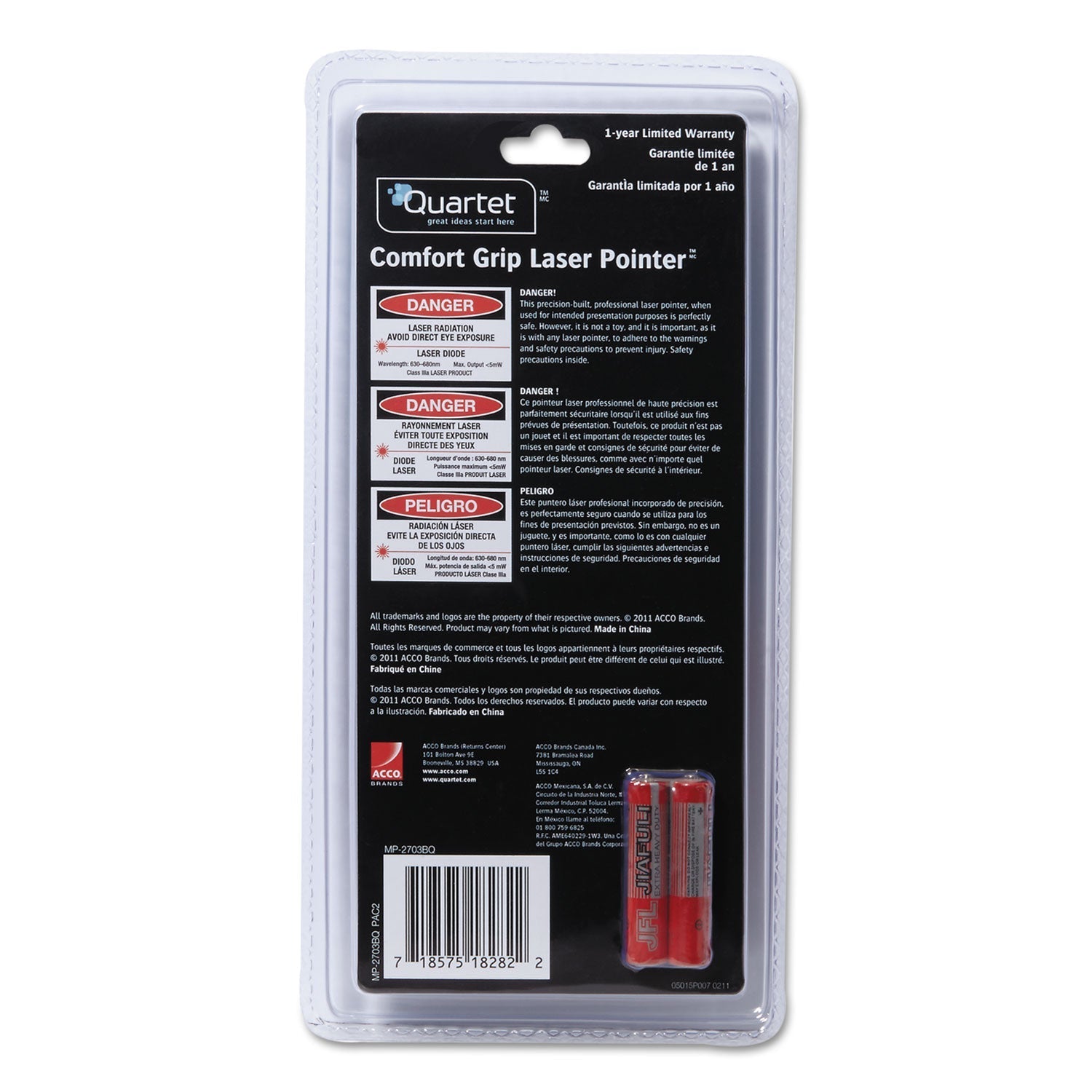Quartet® Classic Comfort Laser Pointer, Class 3a, Projects 1,500 Ft, Blue