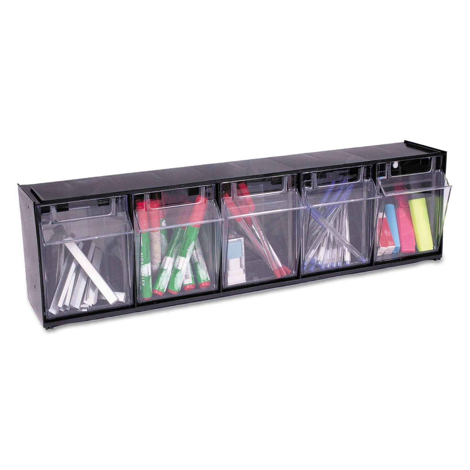 deflecto® Tilt Bin Interlocking Multi-Bin Storage Organizer, 5 Sections, 23.63" X 5.25" X 6.5", Black/clear