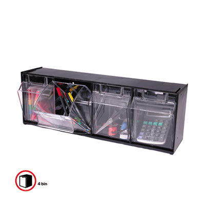 deflecto® Tilt Bin Interlocking Multi-Bin Storage Organizer, 4 Sections, 23.63" X 6.63" X 8.13", Black/clear