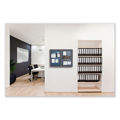 Ghent Ovation 1 Door Enclosed Fabric Bulletin Board, 24.13" x 33.75", Beige Surface, Powder-Coated Gray Aluminum Frame